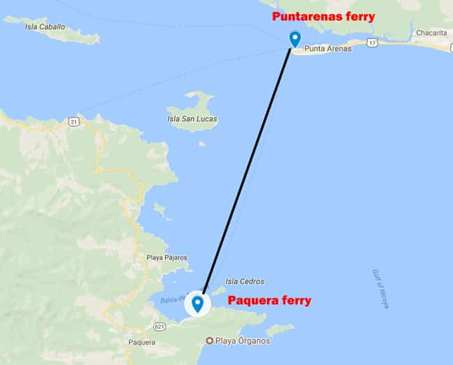 Puntarenas ferry to Paquera map and route - Ferry from Puntarenas to Paquera