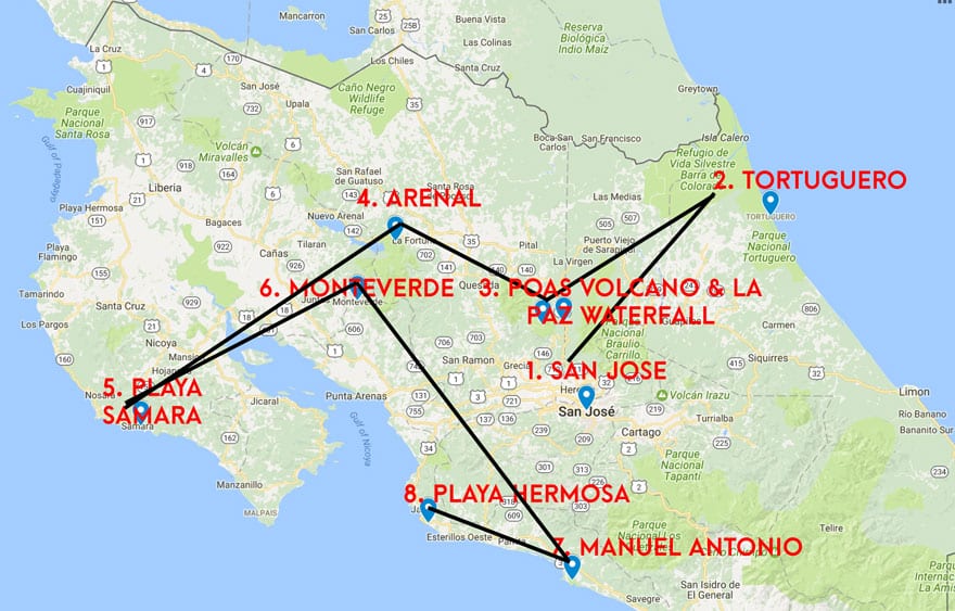 Costa Rica Monkey Tours - Coast to Coast Map of destinations